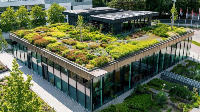 A sustainable commercial building with a beautiful green roof ...