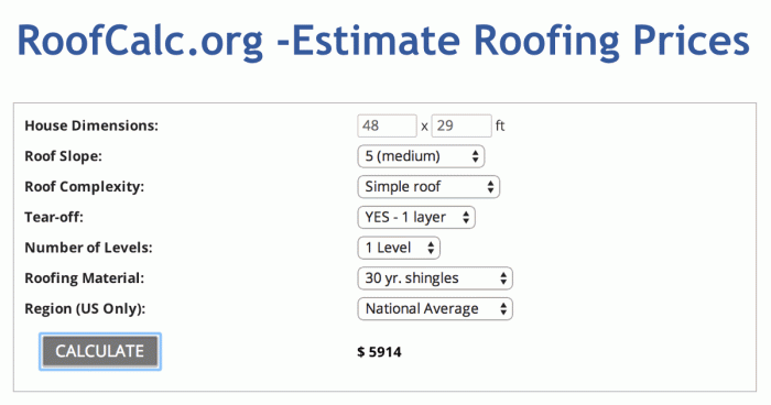 Roofing project cost calculator