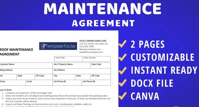 Roof Maintenance Agreement Template, Roofing Contract, Docx, Canva - Etsy